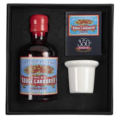 Image of Jacques Herbin Ref 27922T 100ml Bottle of &#039;Special 350 Years&#039; Ink with Inkwell Box &amp; Porcelain Rouge Caroubier / Carob Seed Red Coloured