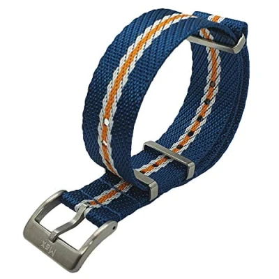 Image of Max Nylon NATO Watch Strap Seat Belt Brushed Stainless Steel Buckle Replacement Band for Men Women 20mm 22mm Colour Options (22mm, Blue/White/Orange)
