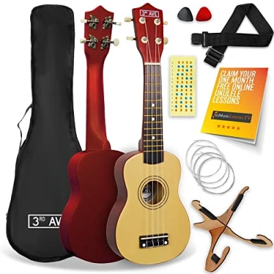 Image of 3rd Avenue Soprano Ukulele 21 Inch Beginner Pack Bundle Bag, Stand, Strap, Strings, Picks and Fret Stickers Natural with FREE 1 Month Online Lessons