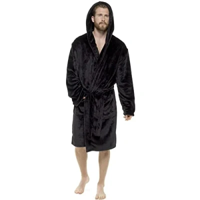 Image of Mens Luxury Super Soft Fleece Dressing Gown Bath Robe Hooded Thick Warm Snuggle (Black Hooded, Medium Large)