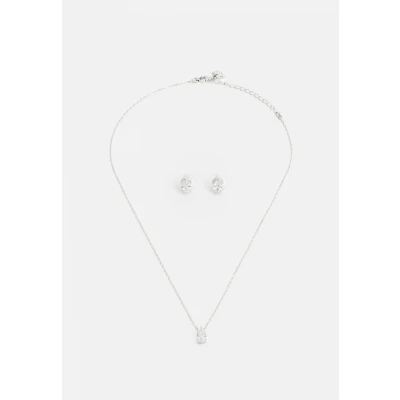 Image of Swarovski Attract Pear Jewellery Set, Women&#039;s Drop Shaped Pendant Necklace and Matching Stud Earrings with White Crystals in a Rhodium Plated Setting