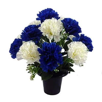 Image of Permabloom ARTIFICIAL ROYAL BLUE AND IVORY CARNATION GRAVE POT WITH 16 FLOWERS VASE INSERT MEMORIAL