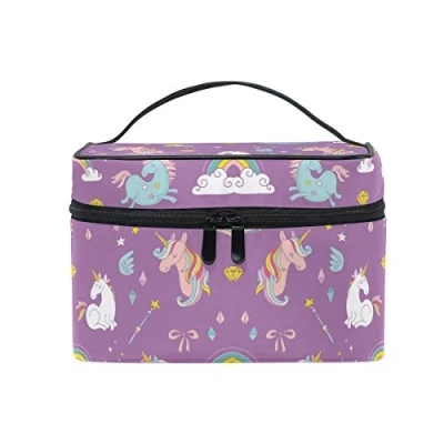 Image of Makeup Bag, Unicorn Pattern Printed Cosmetic Toiletry Storage Large Travel Handle Personalised Pouch with Compartments for Teenage Girl Women Lady Purple