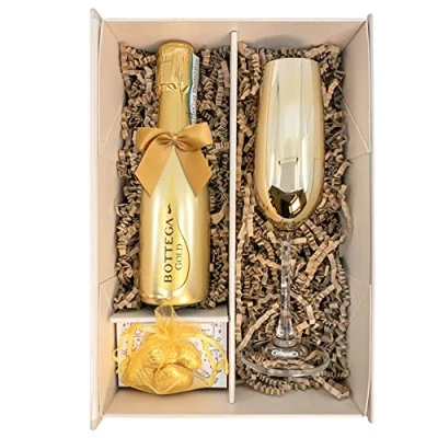 Image of Gold Bottega Prosecco DOC 20cl Gift Set With Matching Sparkling Champagne Flute And Chocolates Fully Boxed Birthday Gifts for Lovers (Metallic Bowl)