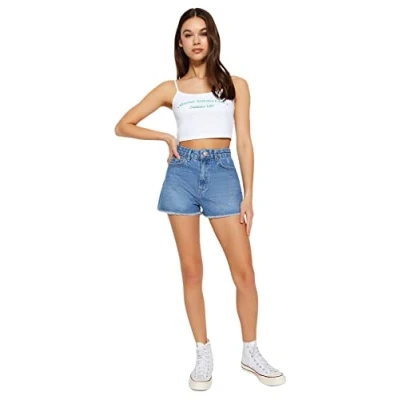 Image of Trendyol Womens High Waist Wide Leg Shorts, Blue, 10 UK