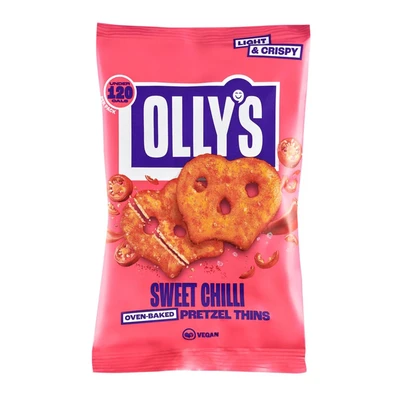 Image of Olly&#039;s Pretzel Thins, Sweet Chilli, 35g (Pack of 10), Handy Snack Pouches, Healthy Plant Based Vegan Snacks for Dipping, Low Calorie Snacks, Fat, Source Fibre, No Preservatives