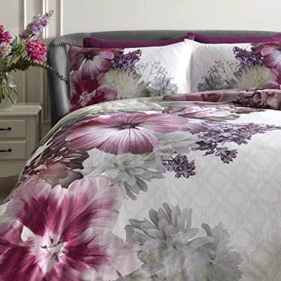 Image of Laurence Llewelyn Bowen White &amp; Purple Duvet Cover Sets Double Size (200 x 200cm) Floral Flower Print Luxury Beddings 100 Mayfair Lady Collection, Cotton