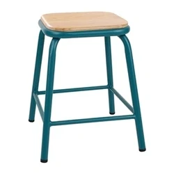 Image of Bolero Cantina Low Stools in Teal Ash with Wooden Seat Pad and Non Marking Foot Bungs Stackable &amp; Easy Clean H470mm Pack of 4
