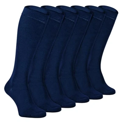 Image of 6 Pair Multipack Ladies Long Bamboo Socks Sock Snob Womens Breathable Plain/Patterned Knee High (4 7, Navy)