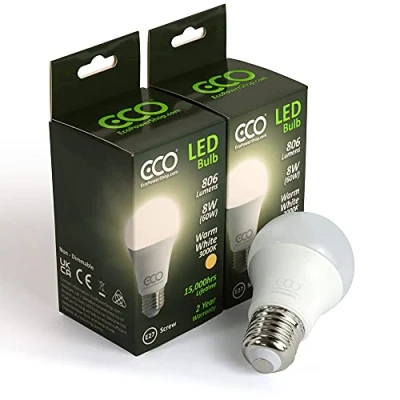 Image of ECO 60W E27 Edison Screw Energy Saving LED Light Bulbs, Warm White 3000K, Low 8W LED, 806 Lumens, 15,000Hrs Lifetime. 2xPACK.