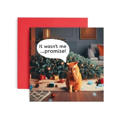 Image of Huxters Christmas Cards for Women Men Wasn&#039;t Me Cat Verus Tree Happy card him and her Family holiday Dad Mum Brother Sister Auntie Uncle Daughter