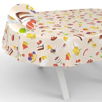 Image of ANRO Oilcloth Tablecloth, Washable, Oilcloth, Garden Outdoor, Indoor, Oval, 200 x 140 cm, Cut Edge, Dessert, Beige