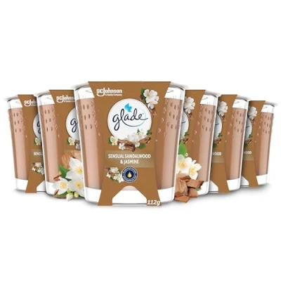 Image of Glade Jar Candle, Scented Candle Infused with Essential Oils, Up to 30 Hour Burn Time, Sandalwood &amp; Jasmine, Pack of 6 (6 x 112g)