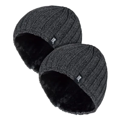 Image of HEAT HOLDERS 2 Pack Winter Beanie Hat Insulated Fleece Lined Ribbed Thermal Warm (One Size, Grey)