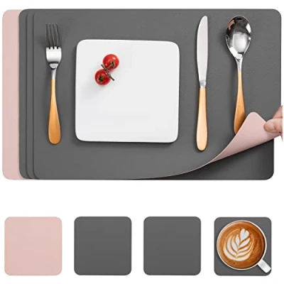 Image of Myir JUN Leather Table Mats and Coasters, Dual Sided Placemats Coasters Waterproof Set of 4 Place Non Slip Washable (Gray Pink, 4)