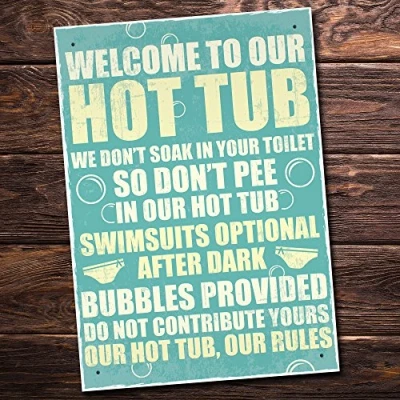 Image of RED OCEAN Our Hot Tub Rules Novelty Hanging Garden Shed Plaque Party Pool Funny Gift Sign
