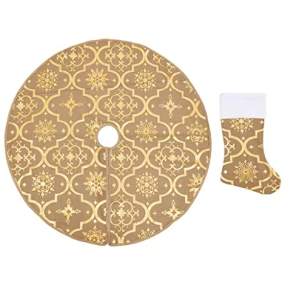Image of &quot;vidaXL Yellow Fabric Christmas Tree Skirt with Matching Sock 90 cm Diameter Festive Decoration Snow Pattern Design&quot;
