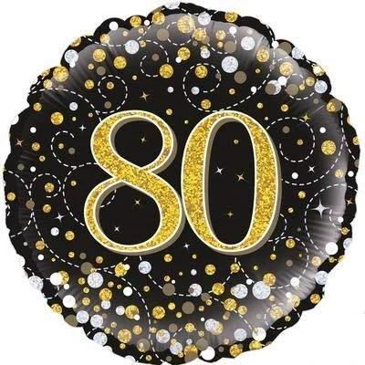 Image of Oaktree 18&quot; 80th Sparkling Fizz Birthday Black &amp; Gold Holographic Balloon