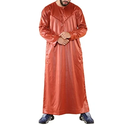 Image of Mens Thobe Jubba Islamic Clothing Muslim Kaftan Emirati Omani Robe Satin Shiny Rust XXL 60