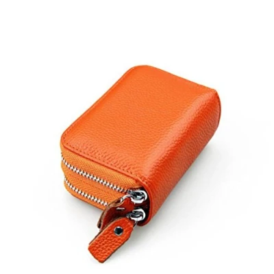 Image of AprinCtempsD RFID Blocking Women&#039;s Credit Card Holder Genuine Leather Ladies Small Coin Purse Men&#039;s Mini Wallet with Double Zipper (Orange)