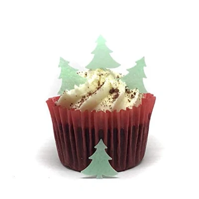 Image of 100 Precut Green Edible Wafer Paper Mini Christmas Tree Cake Toppers Perfect for Cupcakes or Table Decorations