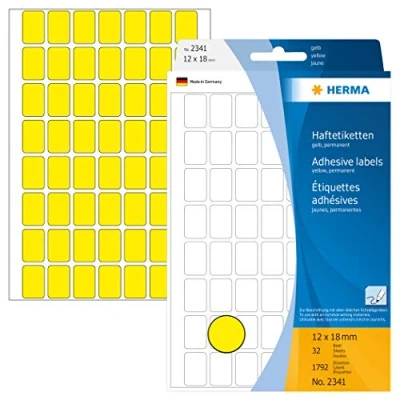 Image of HERMA Multi Purpose Labels, 56 Labels per Sheet, 32 Sheets, 12 x 18 mm, 1792 Self Adhesive Mini Stickers, Blank Sticky for Office Kitchen Home, Yellow