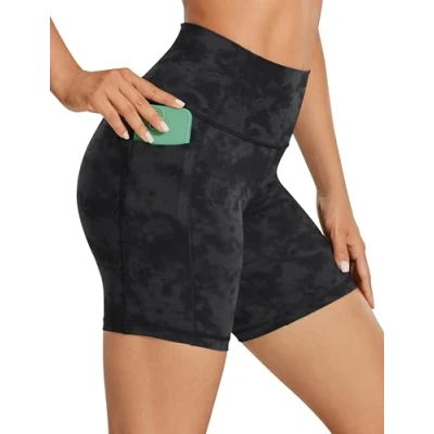 Image of CRZ Yoga Women&#039;s Naked Feeling 6&#039;&#039; Cycling Shorts with Pockets High Waisted Gym Tummy Control Tie Dye Smoke Ink 12