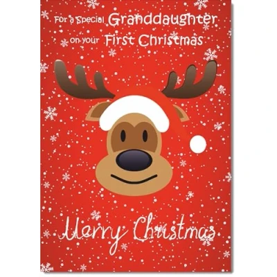Image of doodlecards Granddaughters 1st First Christmas Card Rudolph on Red Background Medium Size for with Plain Envelope