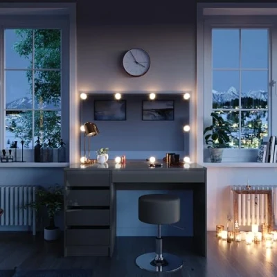 Image of Vicco Vanity table Sherry, High gloss grey, 120 cm with LED lighting and stool