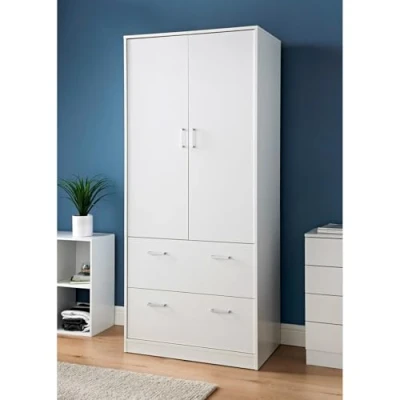 Image of Fizporium 2 Deep Drawer White Double Wardrobe Plenty of Space Available To Store all Your Clothes Easy Self Assembly W79 x D50 H180cm
