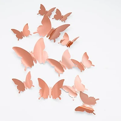 Image of 3D Butterfly Wall Stickers, CAYUDEN 24pcs Removable Mirror Stickers DIY Decor 3 Sizes Decal for Room, Door, Window, Wedding, Party Decoration(Rose Gold)