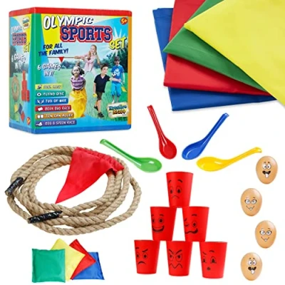 Image of Outdoor Games for Kids and Adults 6 in 1 or 3 1, PE Sports Day Sack Race Flying Disc Tug of War Throwing Bean Bags Tin Can Alley Egg Spoon Ring Toss (6 1)