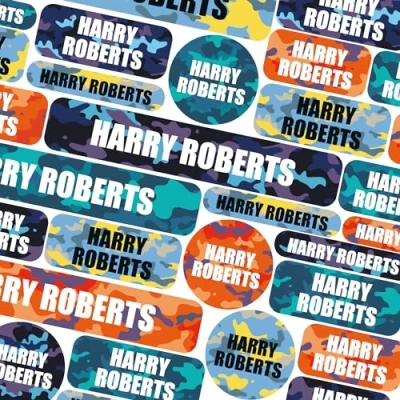 Image of 50 Name Labels for Kids No Iron Tags Clothes Stickers Water Bottles, School Uniform, School, Nursery, Care Homes, Washable and Dishwasher Safe Children (Bright Camo)