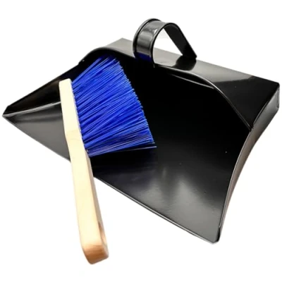Image of LSC Heavy Duty Metal Dustpan with PVC Hand Brush Industrial Design Large Black Hooded Set Cleaning Scoop Suitable for Homes, Burners, Workshops, and Gardens (BLUE)