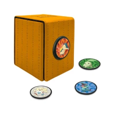 Image of Ultra Pro Pokemon Alcove Click Johto: Store 100 Double Sleeved Cards with 4 Themed Badges of Cyndaquil, Totodile, Chikorita, and Togepi. Customize 1.5 in. Diameter for a Unique Touch