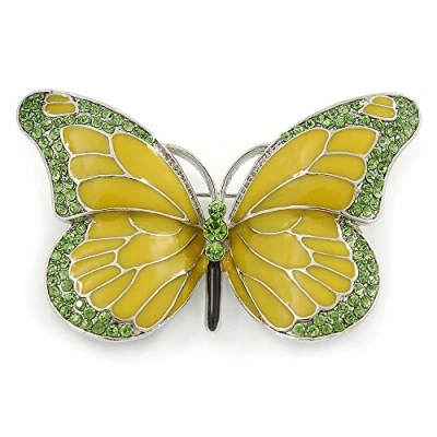 Image of Avalaya Olive/Light Green Enamel, Crystal Butterfly Brooch in Rhodium Plating 65mm Across