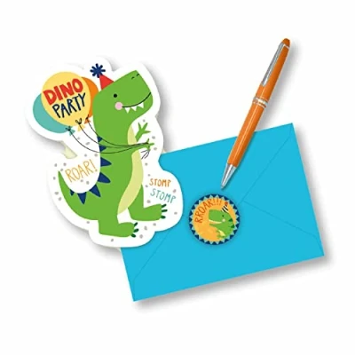 Image of Amscan 9912587 Dino Mite Dinosaur Kids Birthday Party Postcard Invitations with Stickers &amp; Envelopes 8 Pack