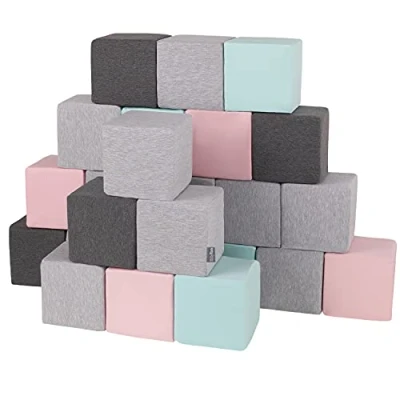 Image of KiddyMoon Soft Foam Cubes Building Blocks 14Cm For Children Multifunctional Construction Montessori Toy Babies, Made In The EU, 24 Pieces, Cubes:Light Grey Dark Pink Mint
