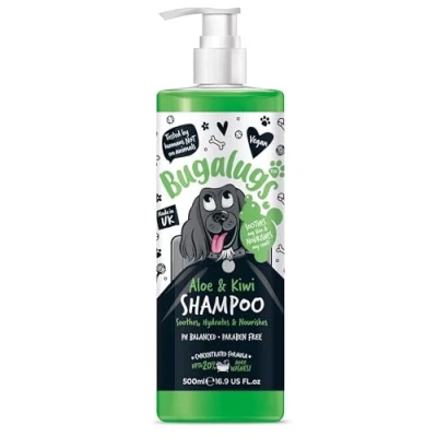 Image of BUGALUGS dog shampoo Soothing Aloe &amp; Kiwi pet grooming conditioner products for smelly dogs with tropical fragrance, best puppy sensitive skin (500ml)