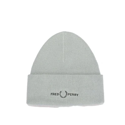 Image of Fred Perry Mens Womens Unisex C4114 Classic Cotton Blend Graphic Beanie hat Featuring The Logo in Silver Blue One Size