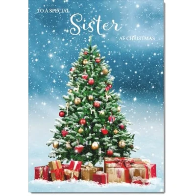 Image of doodlecards Sister Christmas Card Tree and Parcels Medium Size for with Plain Envelope