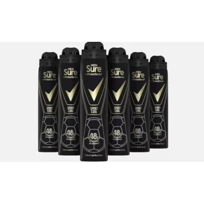 Image of Sure Sport Cool 48h protection against sweat and odour Anti perspirant Aerosol MotionSense technology deodorant for Men 250 ml pack of 6
