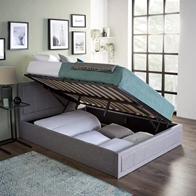 Image of Home Treats Side Lift Up Bed Upholstered Double Grey Fabric Ottoman Frame With Under Storage 4ft6 (Double, No Mattress)