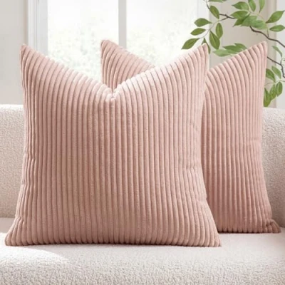 Image of MIULEE Set of 2 Striped Corduroy Square Throw Pillow Case Soft Cushion Covers Sham Home for Sofa Couch/Bedroom Decorative Fluffy Large Pillowcases 16x16 Inch 40x40cm Pink