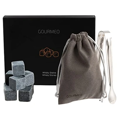 Image of GOURMEO Whisky Stones Gift Set from Natural Basalt, 9 Pieces, with Velvet Pouch, Perfect for Keeping Your Whiskey, Scotch or Wine Cool