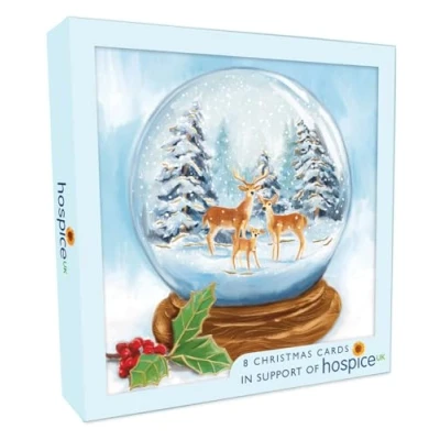 Image of Box Of 8 Reindeers Snowglobe Hospice UK Charity Christmas Cards XSA002