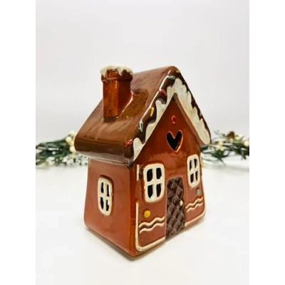 Image of Cottage Ceramic House Village Tealight Candle Holder Home Pottery Ornament (Gingerbread (18cms))