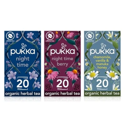 Image of Pukka Herbs, Chamomile Calm Herbal Tea Bundle, Night Time, Time Berry &amp; Chamomile, Vanilla Manuka Honey Tea, 20 Teabags each (3 Pack)