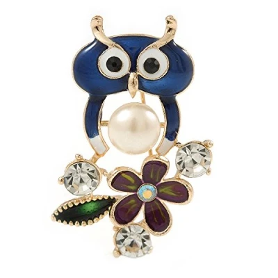 Image of Avalaya Funky Blue Crystal Enamel Owl Brooch in Gold Tone Metal 45mm L