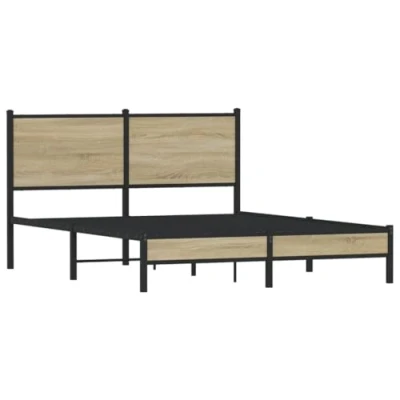 Image of vidaXL Metal Bed Frame with Headboard Sonoma Oak 137x190 cm Steel &amp; Engineered Wood Double Base Extra Storage